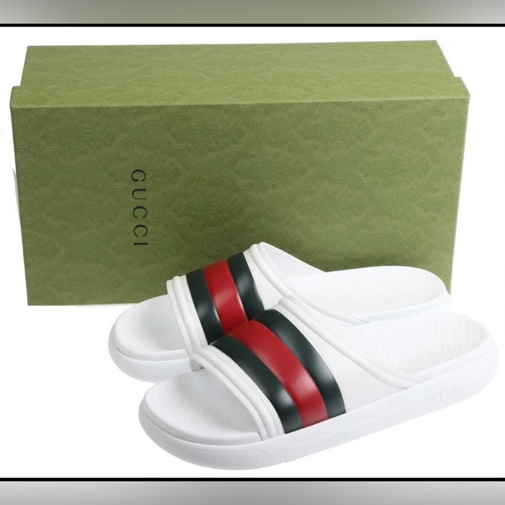 GUCCI MEN’S WHITE RUBBER WEB LOGO BEACH POOL SLIDES SANDALS SHOES 13/US 13.5